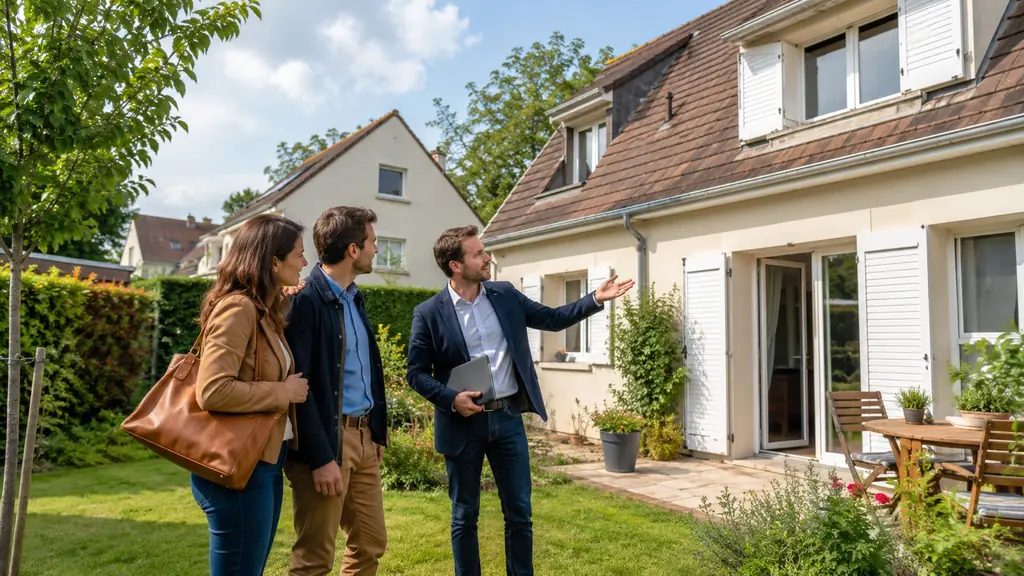 Couple visitant une maison avec jardin en Île-de-France accompagné par un agent immobilier
