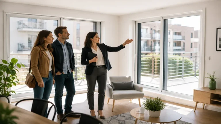 Visite d’un appartement neuf certifié NF Habitat avec agent immobilier et acheteurs