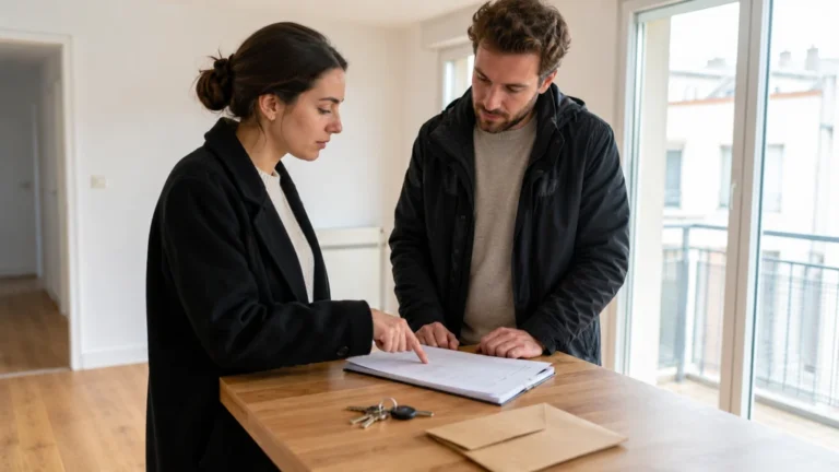 Locataire et propriétaire vérifiant les documents liés à la caution d’un logement