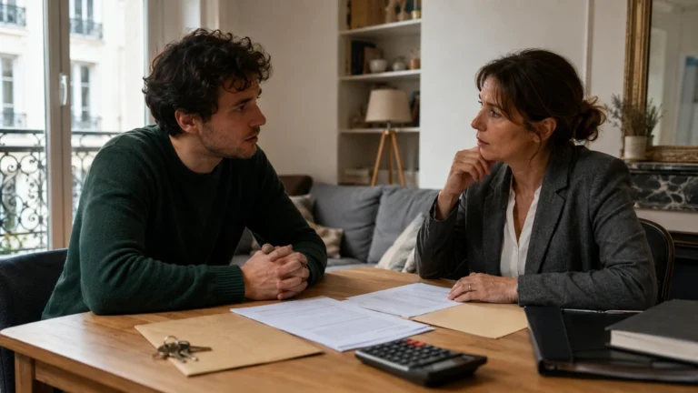 Discussion entre un locataire et une professionnelle autour de documents liés aux loyers impayés