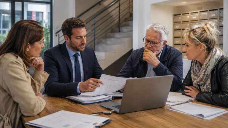 Syndic de copropriété présentant ses obligations administratives et financières à des copropriétaires