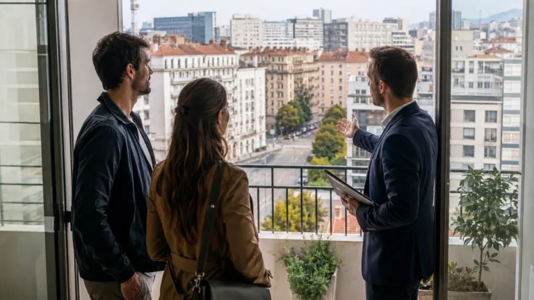Agent immobilier présentant la vue urbaine d’un appartement près de la Place des Maisons Neuves