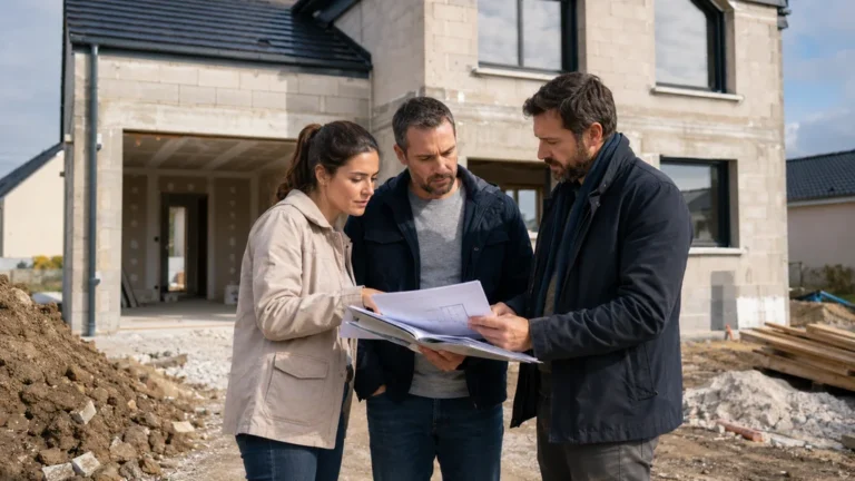 Couple consultant les plans d’une maison en construction avec un professionnel du bâtiment