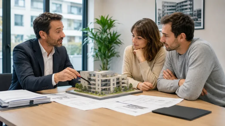 Conseiller immobilier expliquant le règlement de copropriété à des acheteurs autour d’une maquette d’immeuble