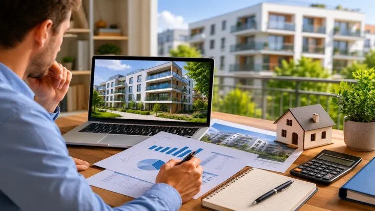 Analyse d’un investissement SCPI Pinel avec documents financiers et immeuble résidentiel neuf