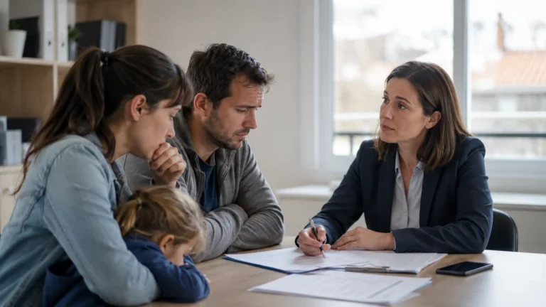 Famille en difficulté reçue par une conseillère logement pour un problème de loyers impayés