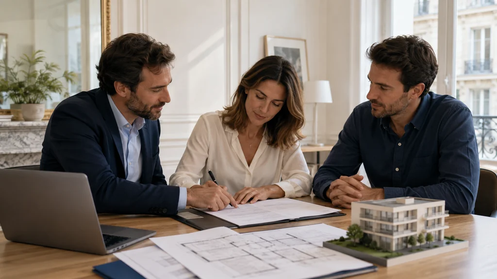 Associés signant les statuts d'une SCI avec un conseiller immobilier