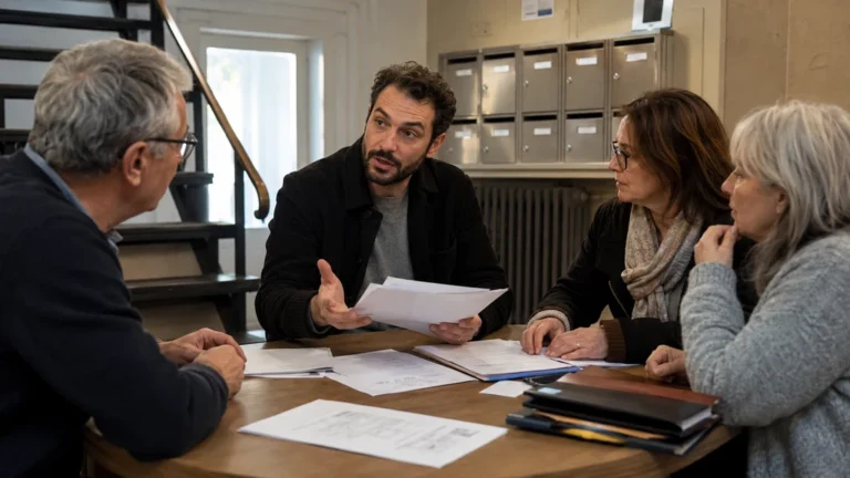 Copropriétaires réunis autour d’un syndic bénévole pour gérer une petite copropriété