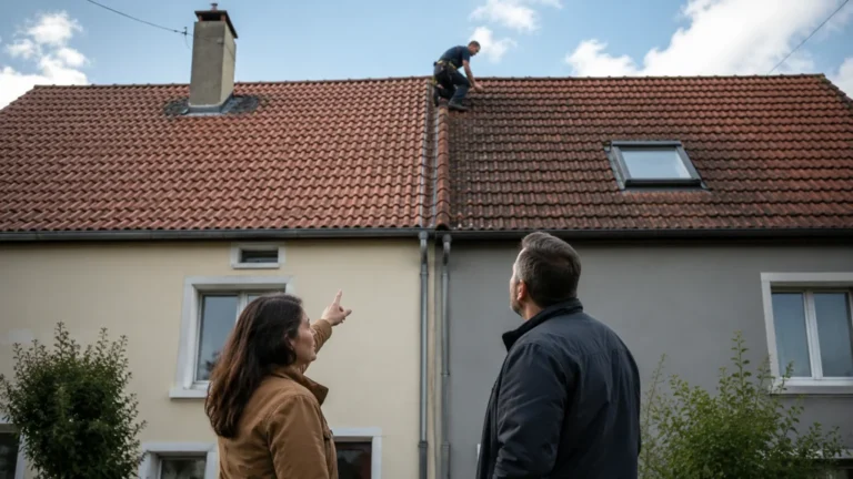 Propriétaires observant une toiture commune sans copropriété avec un couvreur lors d’une inspection de toit partagé