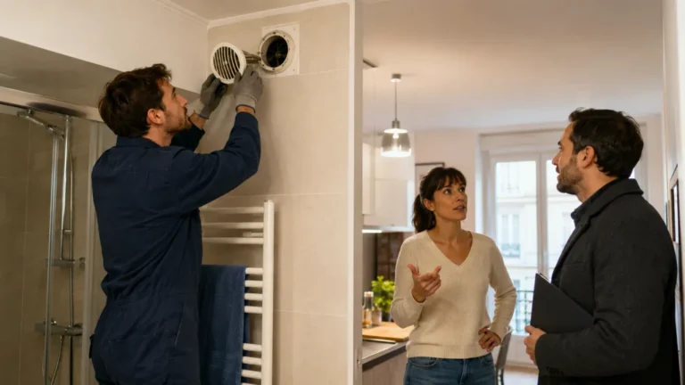 Technicien inspectant une bouche de VMC dans un appartement en copropriété avec les occupants
