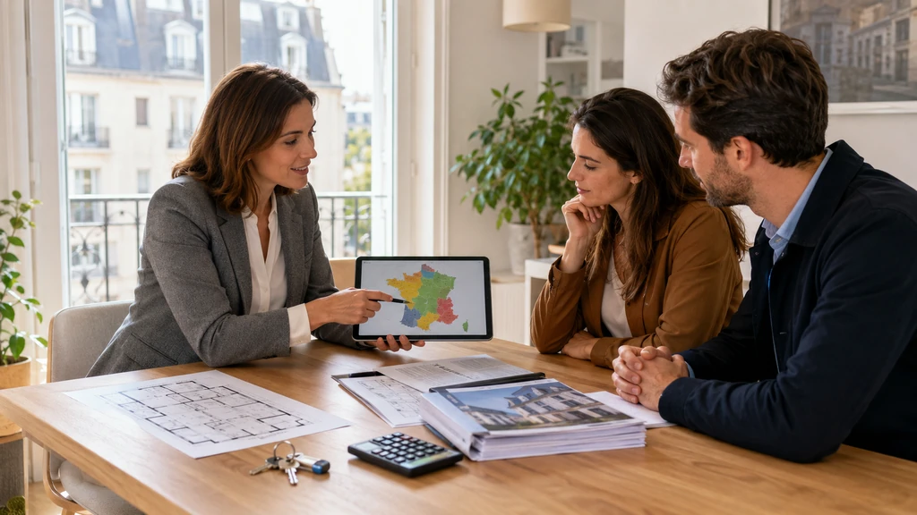 Conseillère immobilière expliquant le zonage Pinel à un couple avec une carte de France