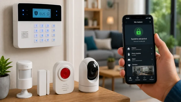 Alarme maison sans abonnement avec centrale, détecteurs, caméra connectée et application mobile dans un salon moderne.