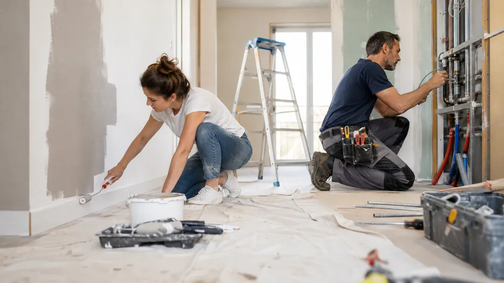 Particulier réalisant des travaux de peinture pendant qu’un artisan intervient sur la plomberie lors d’une rénovation hybride.