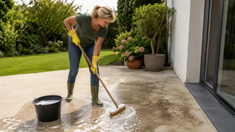 Femme nettoyant une terrasse en béton au balai-brosse avec une solution naturelle