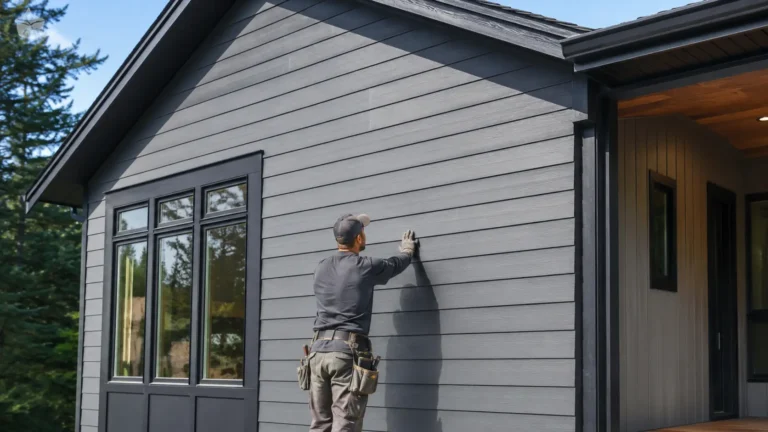 Artisan contrôlant la pose d’un bardage en fibre ciment gris sur une façade moderne
