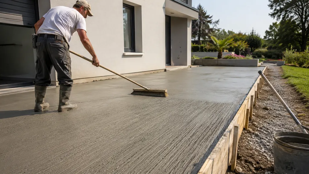 Réalisation d’un béton balayé extérieur devant une maison moderne avec finition striée au balai.