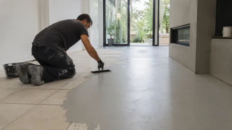 Artisan appliquant du béton ciré gris sur un ancien sol carrelé lors d’une rénovation intérieure