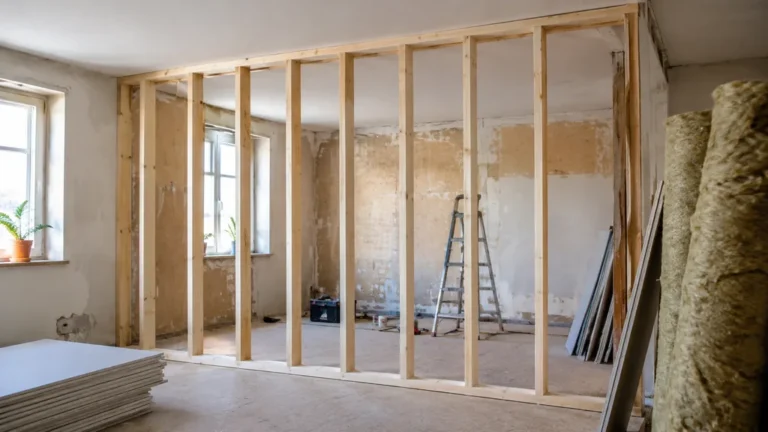 Ossature en bois pour cloison intérieure en cours de montage dans une pièce en rénovation.