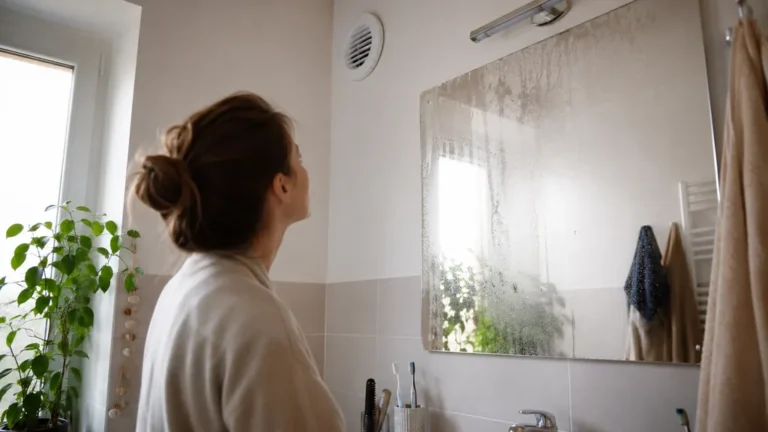 Femme observant une bouche de VMC dans une salle de bain humide avec condensation sur le miroir.