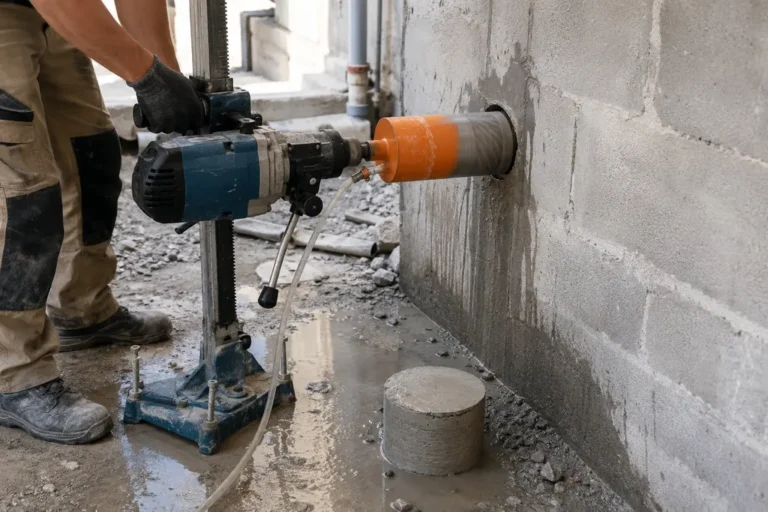 Artisan réalisant le carottage d’un mur en béton avec une couronne diamantée