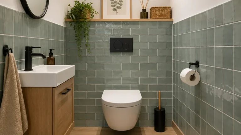 Petits WC modernes avec carrelage mural vert posé à mi-hauteur, WC suspendu et meuble vasque en bois.