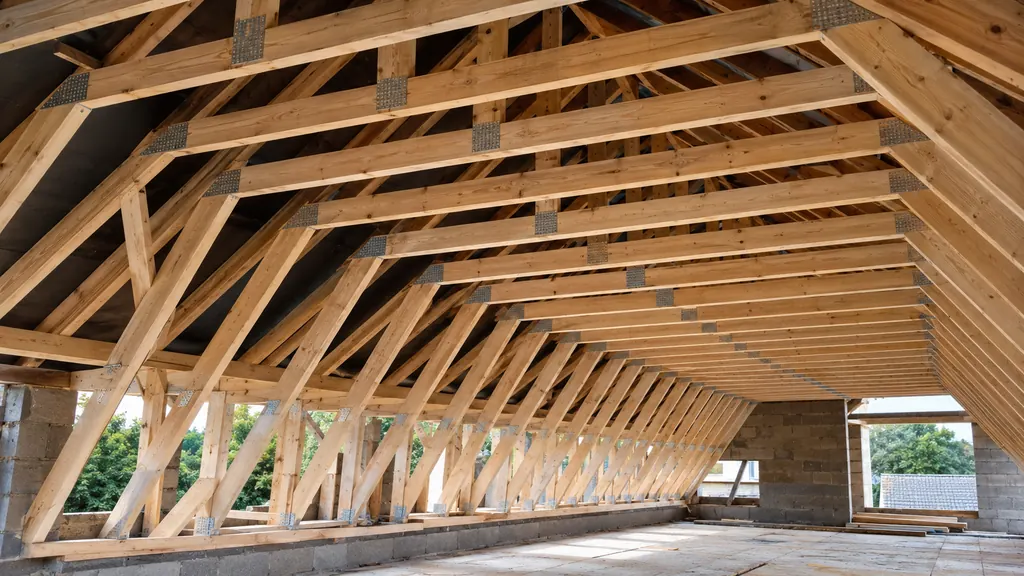 Charpente en fermette avec fermes industrielles en bois et connecteurs métalliques dans des combles en construction