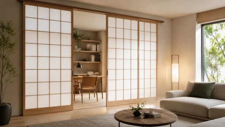 Cloison japonaise coulissante séparant un salon lumineux d’un espace bureau