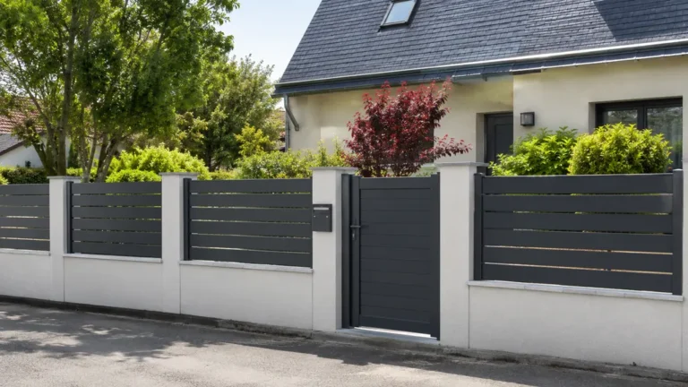 Clôture moderne en aluminium gris avec portillon devant une maison contemporaine entourée d’un jardin arboré.