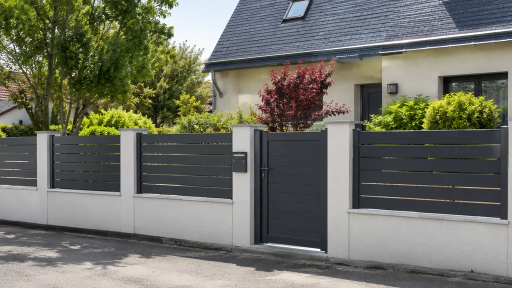 Clôture moderne en aluminium gris avec portillon devant une maison contemporaine entourée d’un jardin arboré.