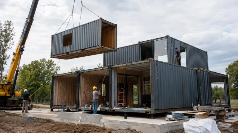 Construction d’une maison conteneur avec grutage et assemblage des modules
