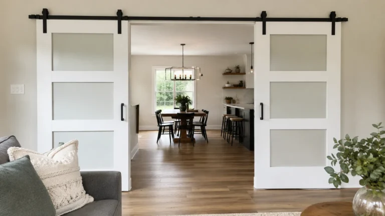 Double porte coulissante blanche séparant un salon moderne d’une salle à manger