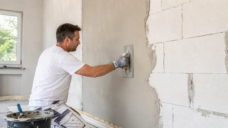 Application d’un enduit sur un mur intérieur en béton cellulaire lors de travaux de rénovation.
