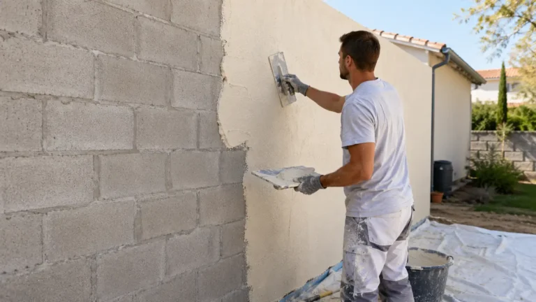 Artisan enduisant un mur en parpaing à la taloche lors de travaux extérieurs