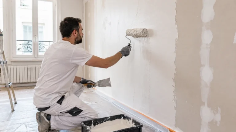 Application d’un enduit au rouleau sur un mur intérieur avant lissage et peinture.