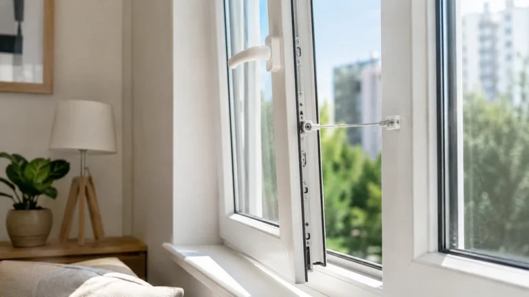Fenêtre entrouverte avec entrebâilleur sécurisé pour aérer une pièce sans l’ouvrir complètement