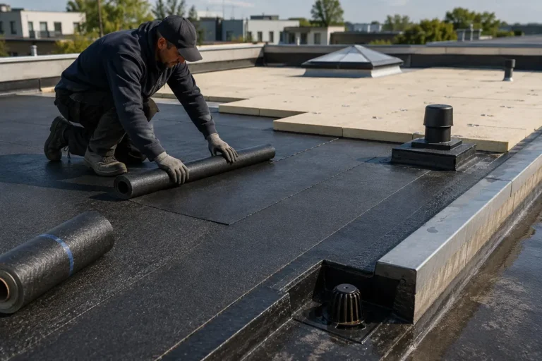 Artisan posant une membrane d’étanchéité sur une toiture terrasse