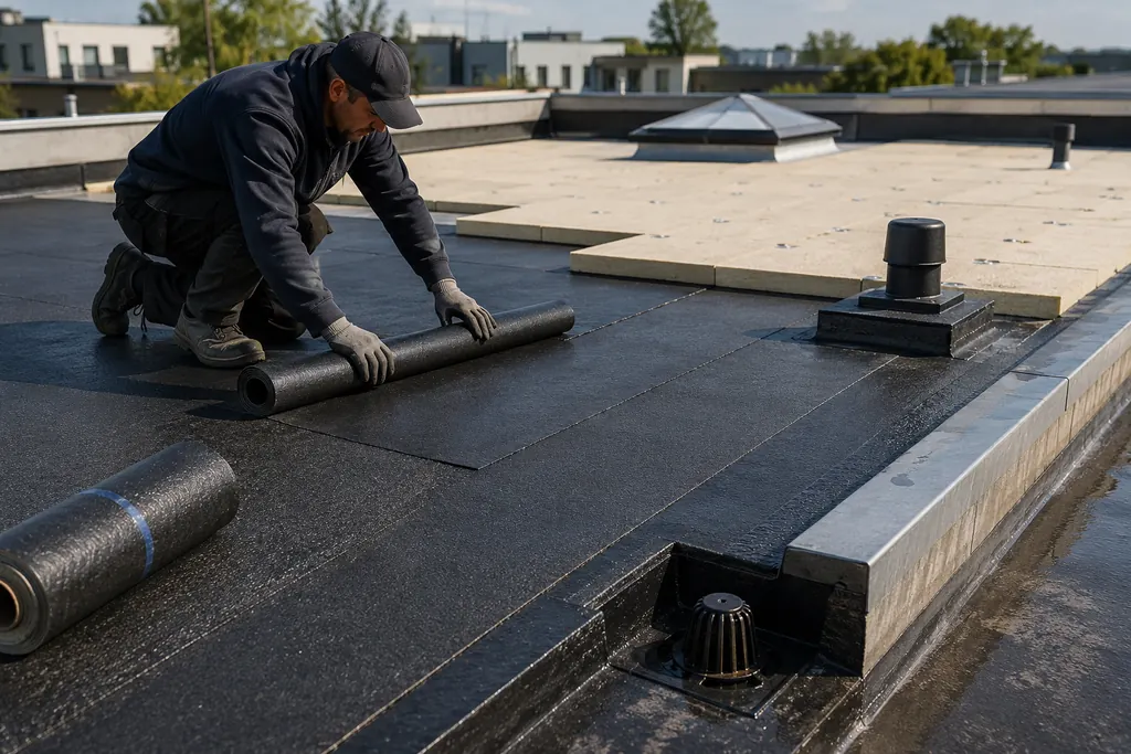 Artisan posant une membrane d’étanchéité sur une toiture terrasse