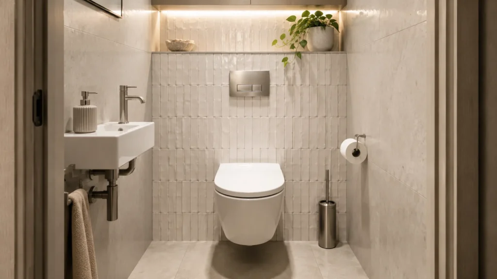 Petites toilettes modernes avec faïence murale claire derrière un WC suspendu