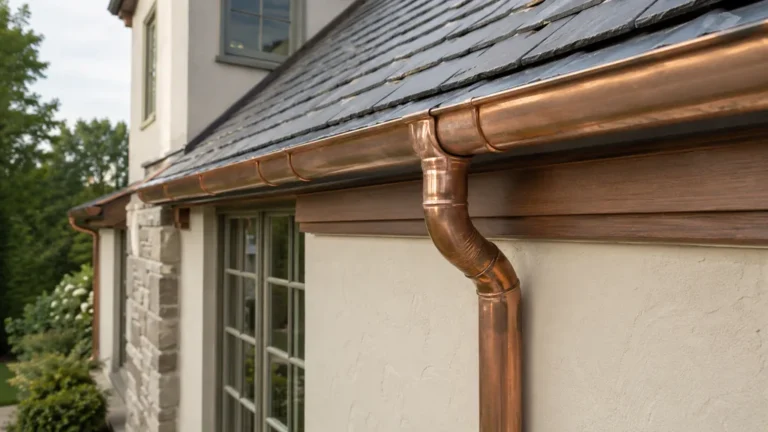 Gouttière cuivre installée sur la toiture d’une maison avec descente d’eau pluviale assortie.