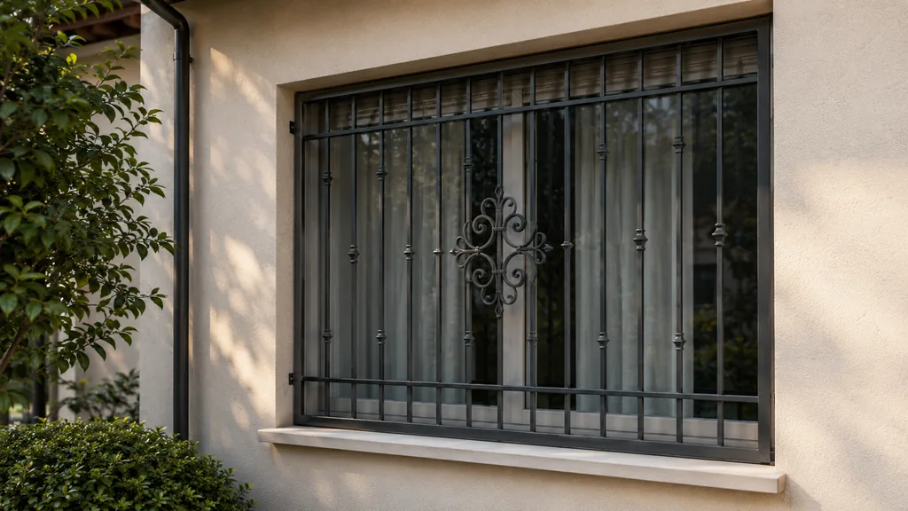 Grille de défense en métal fixée devant une fenêtre de maison pour renforcer la sécurité contre les intrusions.
