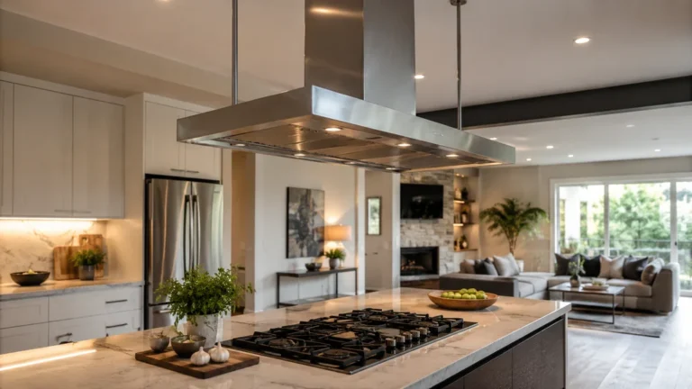 Hotte d’îlot central suspendue au-dessus d’une plaque de cuisson dans une cuisine ouverte moderne