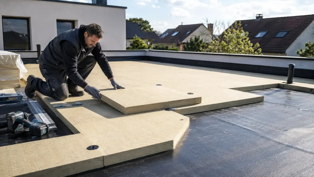 Artisan posant des panneaux isolants rigides sur une toiture terrasse avant l’étanchéité