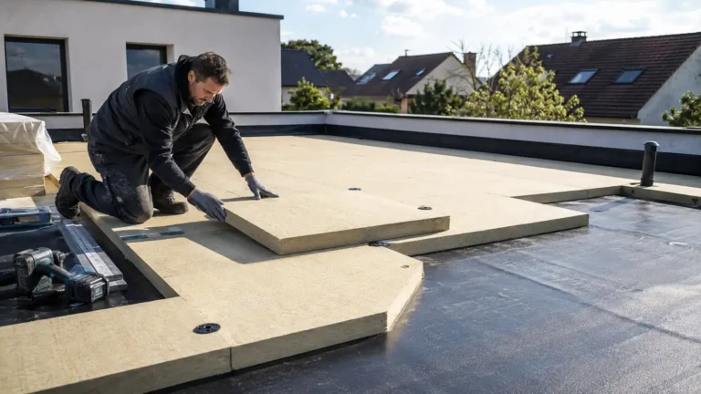 Artisan posant des panneaux isolants rigides sur une toiture terrasse avant l’étanchéité