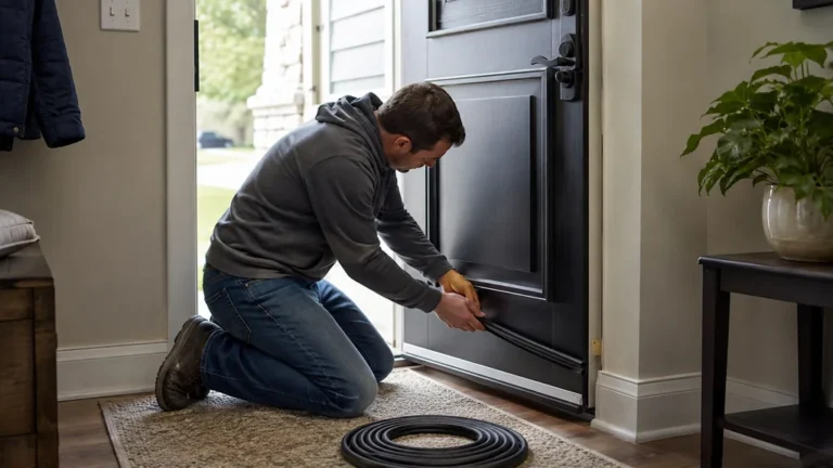 Pose d’un joint isolant au bas d’une porte d’entrée pour réduire les courants d’air.