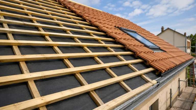 Liteaux de toiture en bois posés sur un écran de sous-toiture lors de la rénovation d’une couverture en tuiles.