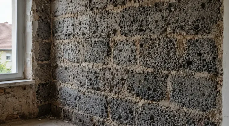 Mur ancien en mâchefer apparent avec blocs poreux et enduit dégradé en cours de rénovation