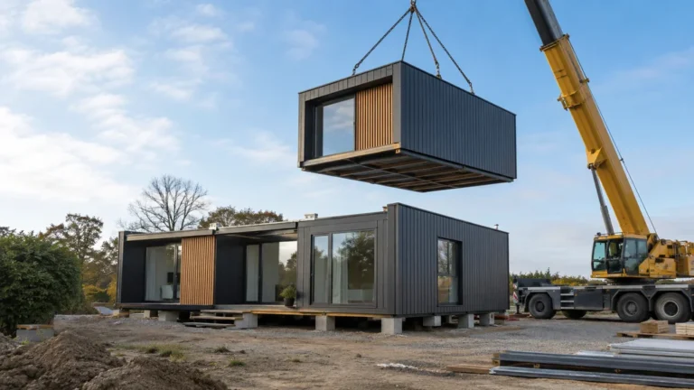Module de maison préfabriquée posé par une grue sur un chantier de construction moderne