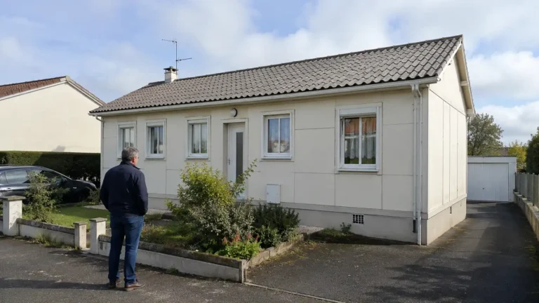 Maison Phénix ancienne dans un lotissement pavillonnaire, avec façade en panneaux préfabriqués et toiture légère.