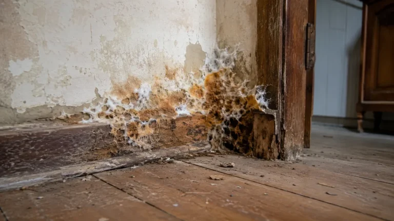 Mérule sur un mur humide avec filaments blancs et bois dégradé près d’une plinthe ancienne.