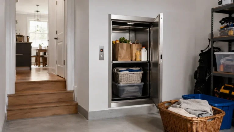 Monte-charge domestique ouvert avec courses et linge dans une maison à étage